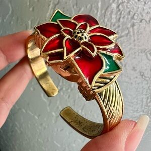 Gold-Tone Red Poinsettia Hidden Watch Cuff Bracelet 90s Christmas Jewelry